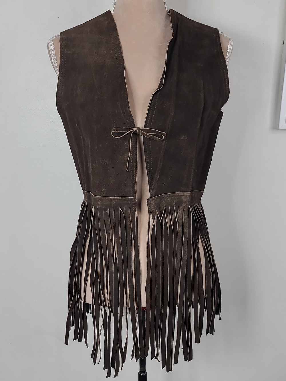 Vtg 70s Brown Suede Leather Boho Hippie Western Cowgirl Rodeo Fringe Vest S